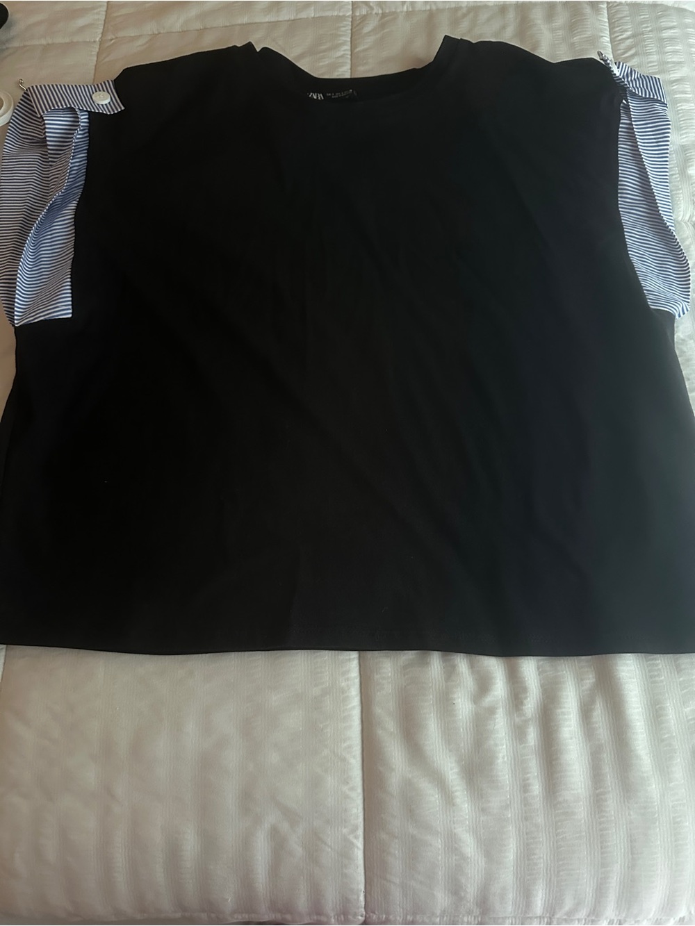 Zara Black Short-Sleeve Top with Blue-White Striped Sleeve Tabs